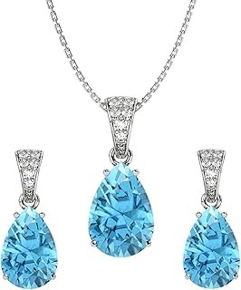CLARA 925 Sterling Silver Sky Blue Tear Drop Pendant Earring Chain Jewellery Set | Rhodium Plated, Swiss Zirconia | Gift for Women & Girls