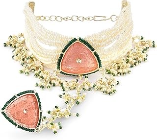 ZAVERI PEARLS Pink & Green Multistrand Pearls Bridal Hand Harness For Women-ZPFK15150